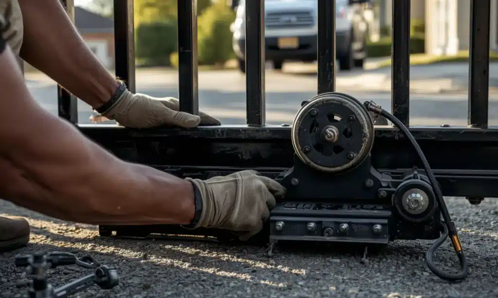 Photo Of A Technician In Gloves Adjusting A Sliding Gate Motors Internal Gears On Gravel