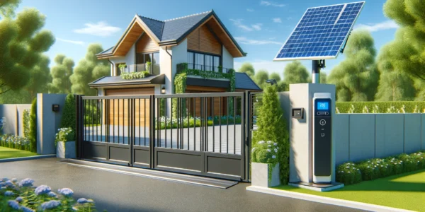 DALL·E 2024-12-18 19.18.36 - A realistic illustration of a solar-powered gate system installed alongside a driveway gate. The scene shows solar panels mounted on a pole next to th